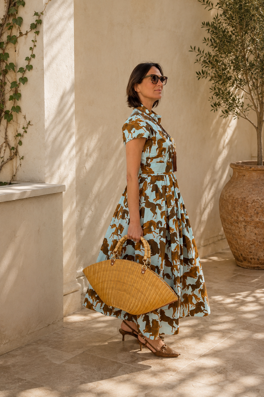 Midi-Hemdblusenkleid mit Pferde-Print